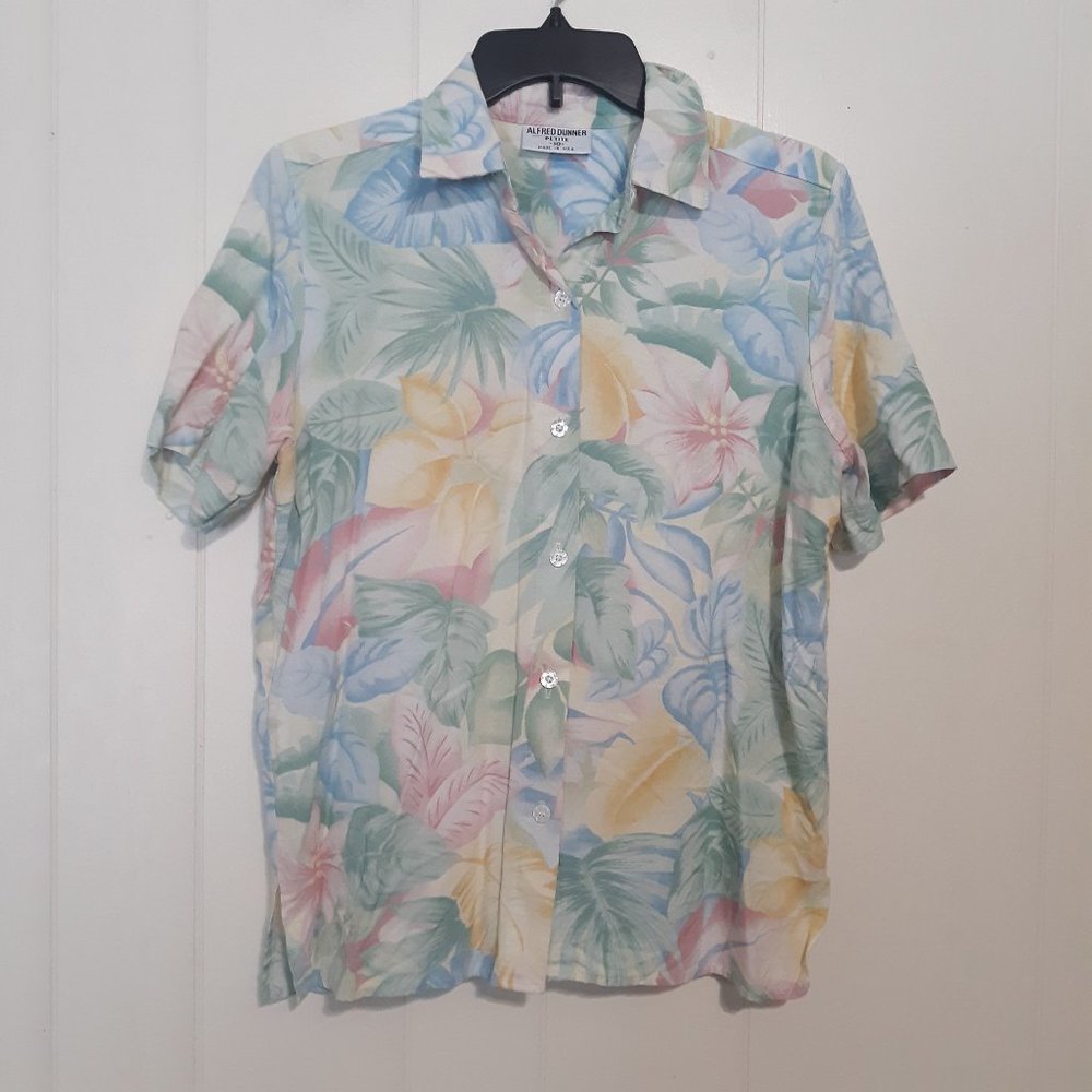 Alfred Dunner floral aloha pastels VINTAGE size 10 M lilac teal green blouse EUC